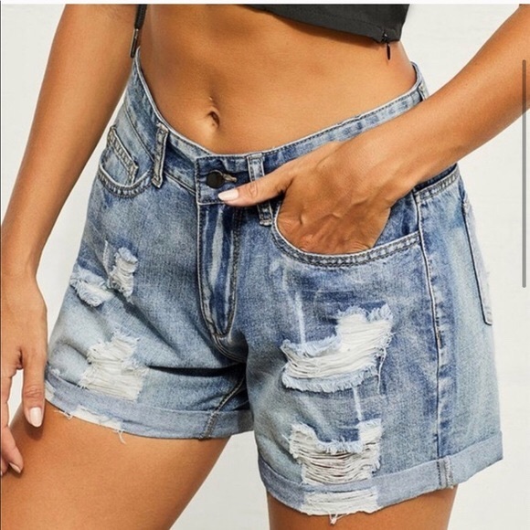 AVAILABLE  Distressed Denim Shorts - Picture 2 of 4